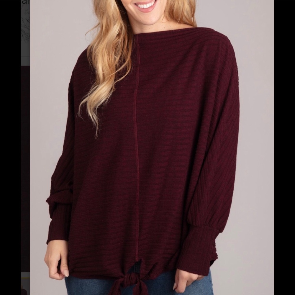 Maroon ribbed tie hem sweater